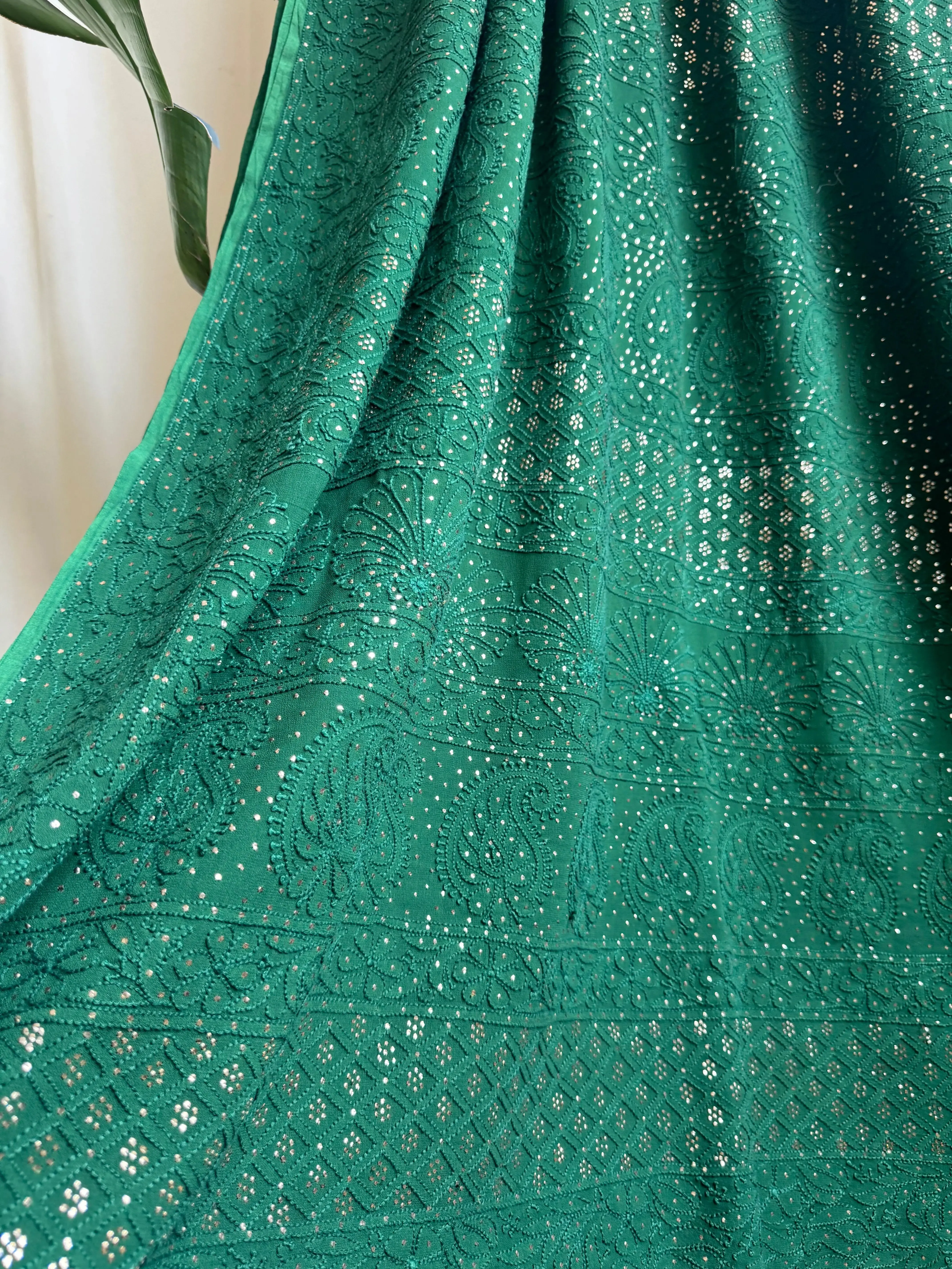 Viscose Green Chikankari saree with Mukaish Work