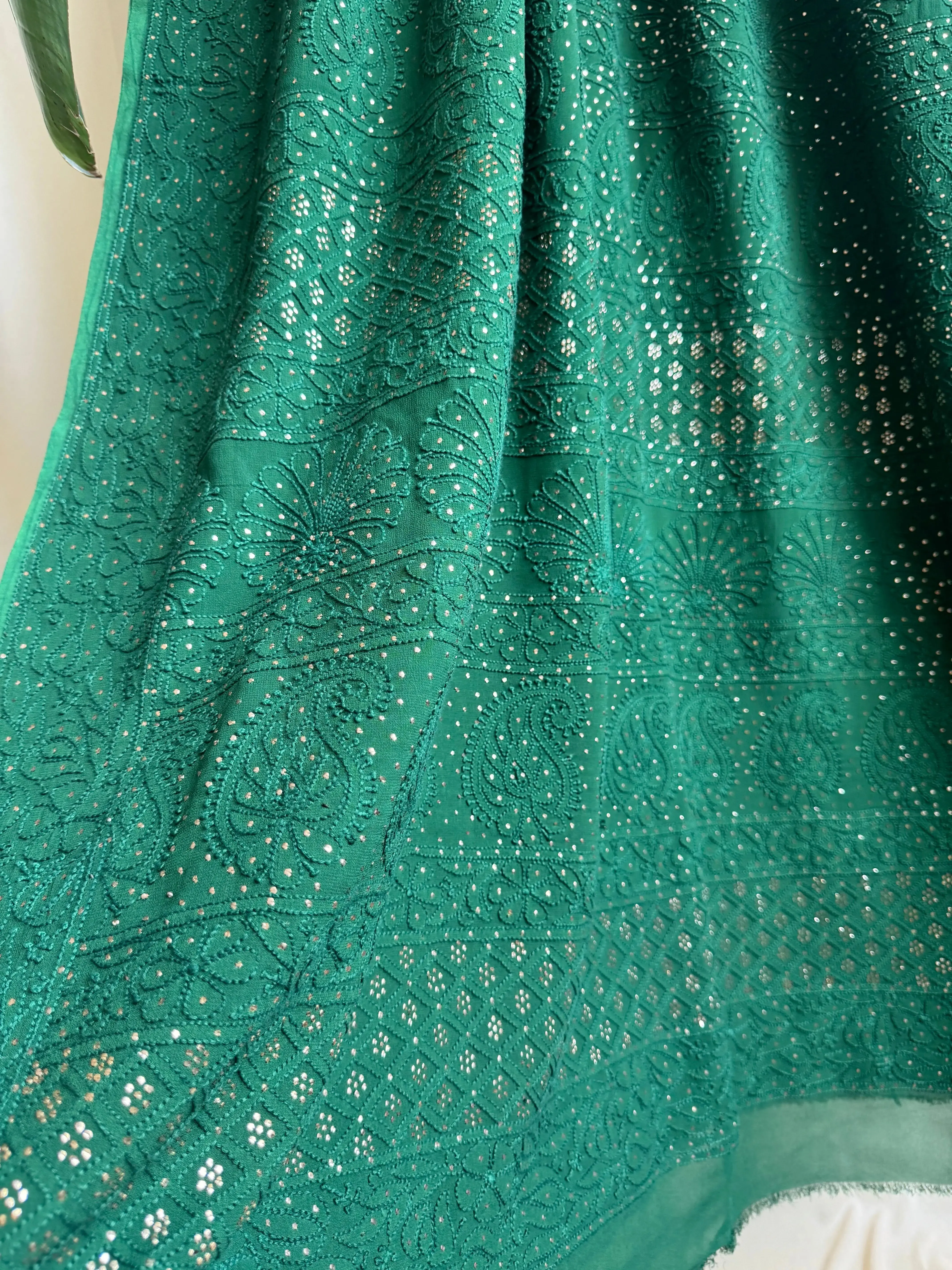 Viscose Green Chikankari saree with Mukaish Work