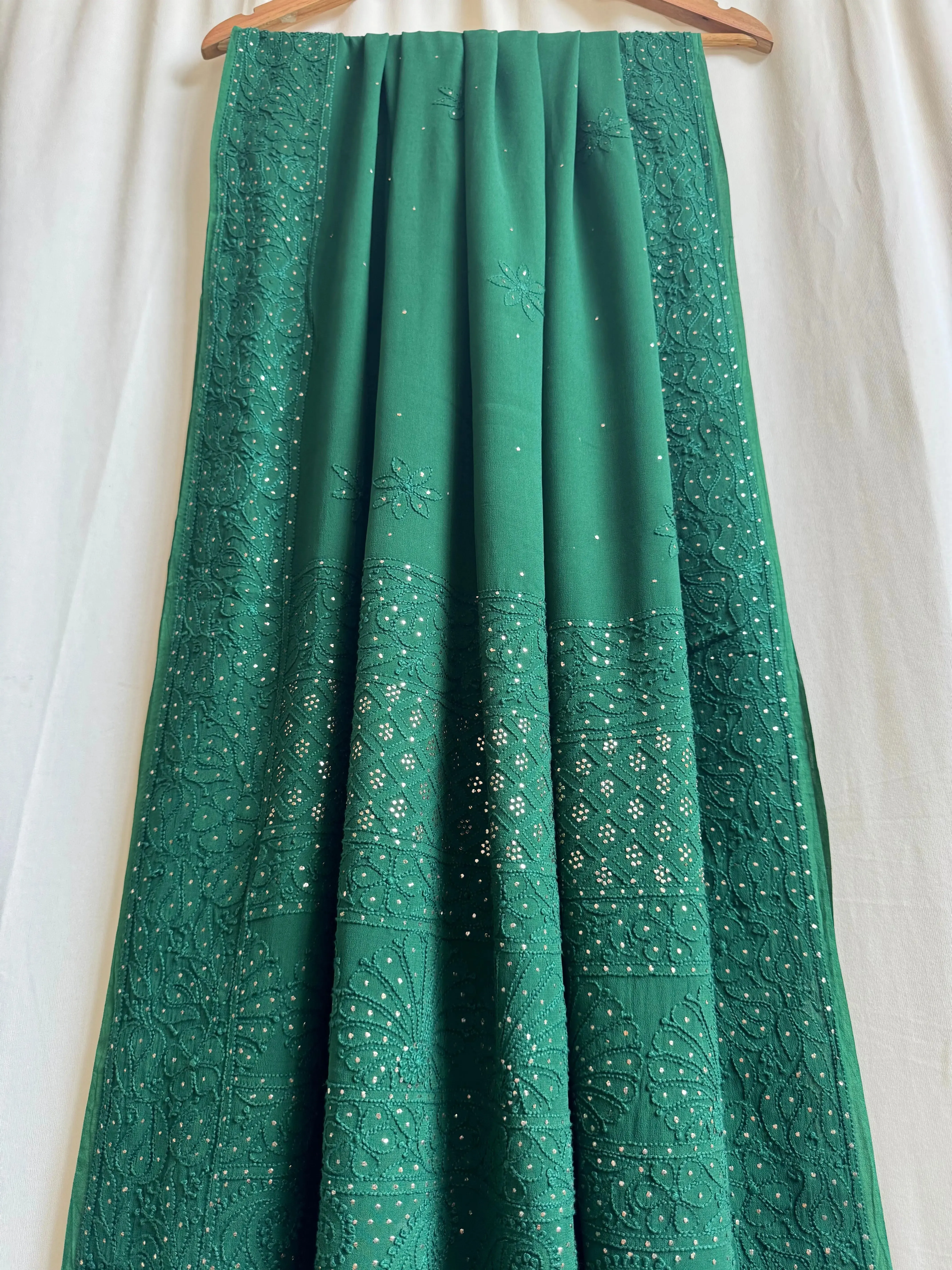 Viscose Green Chikankari saree with Mukaish Work