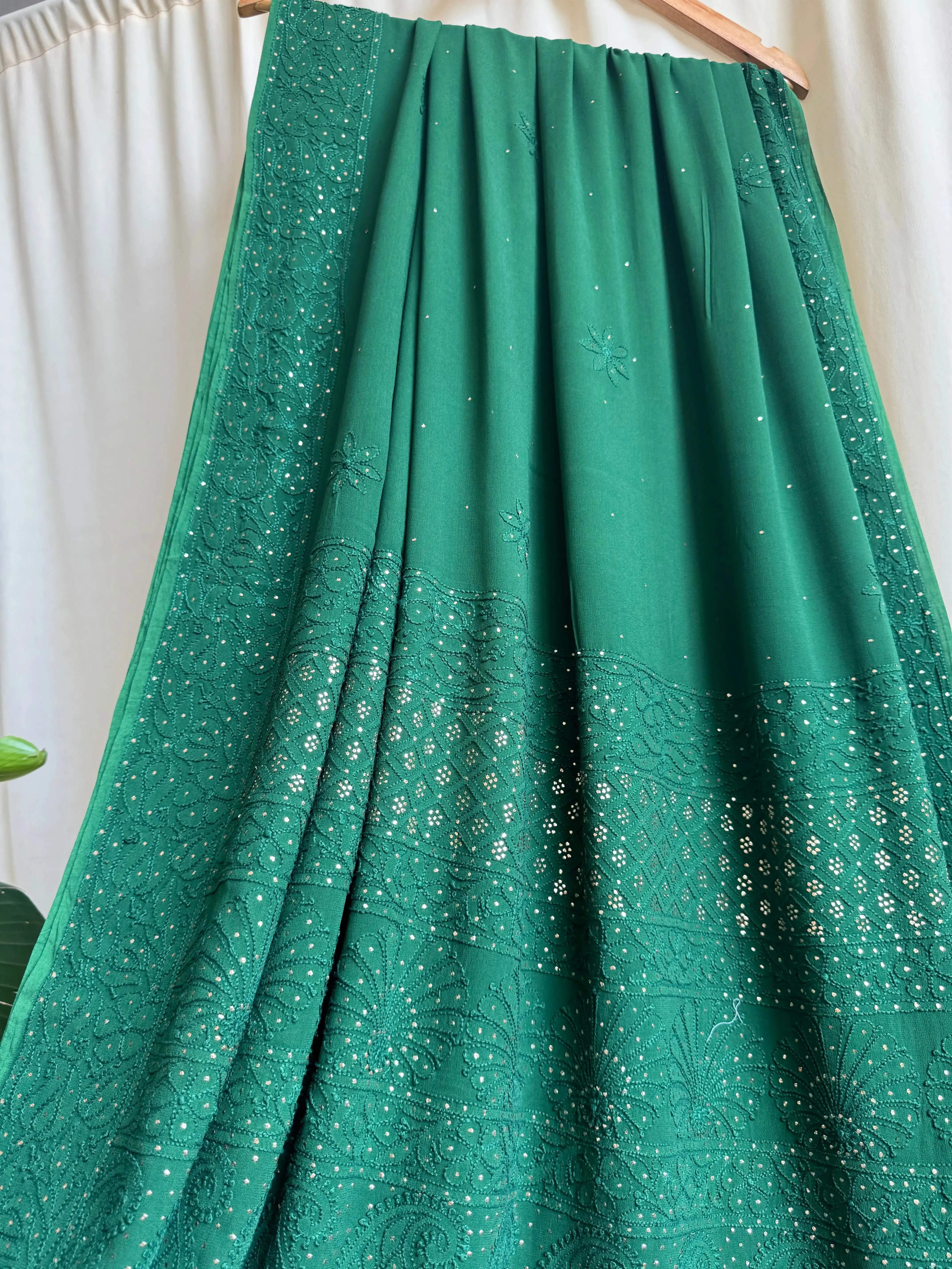 Viscose Green Chikankari saree with Mukaish Work
