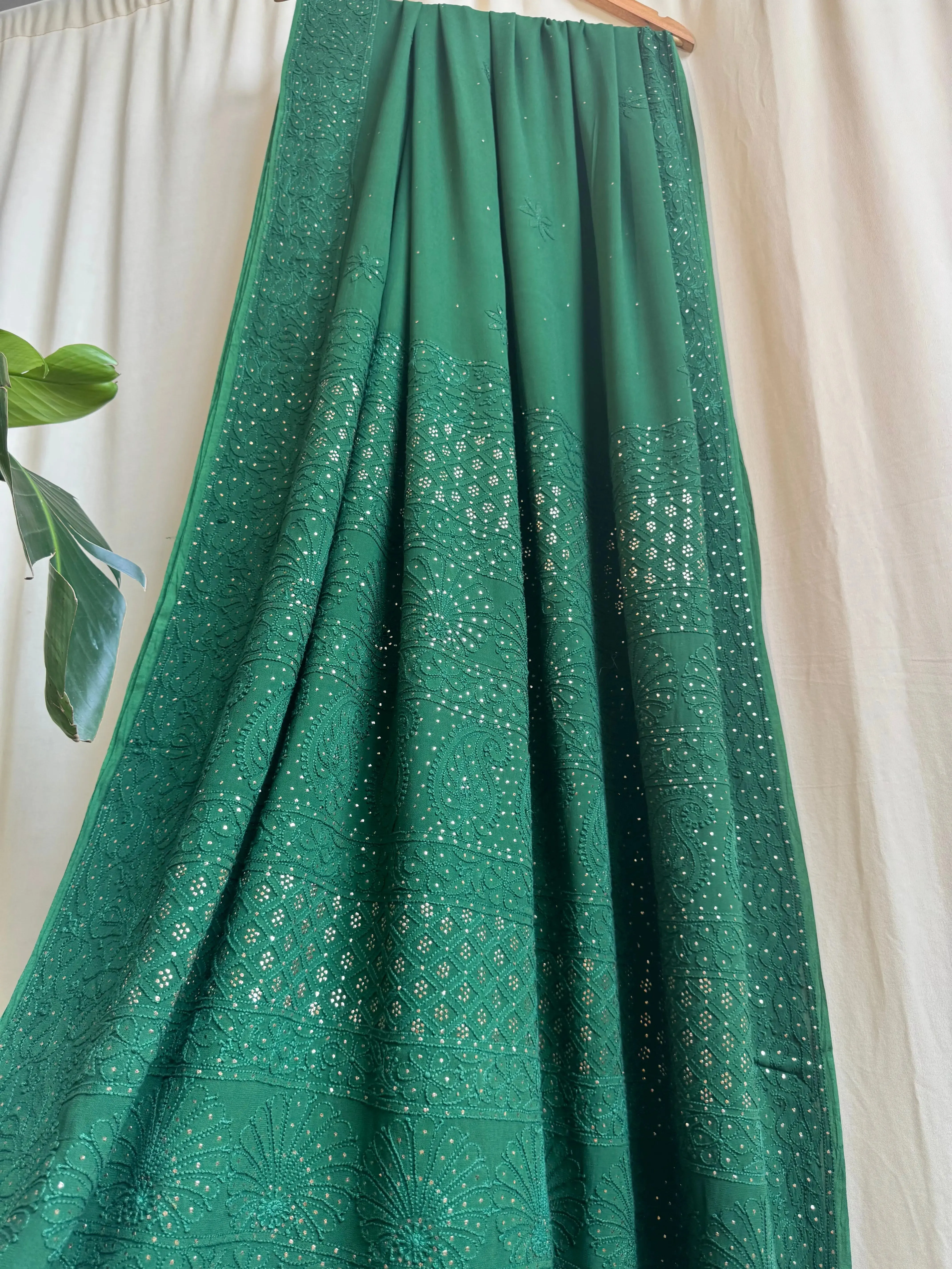 Viscose Green Chikankari saree with Mukaish Work