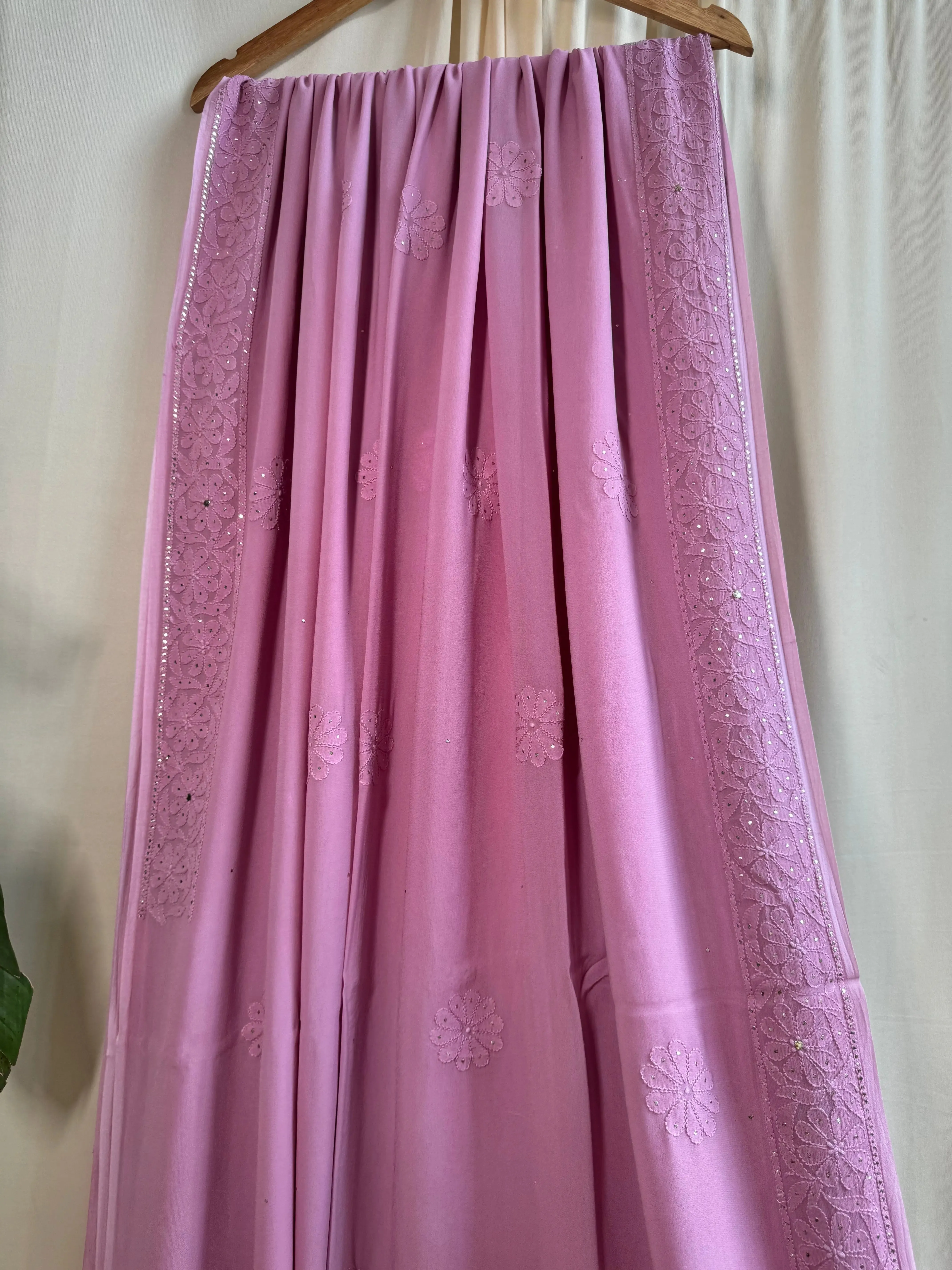Viscose Lilac Chikankari saree with Mukaish Work