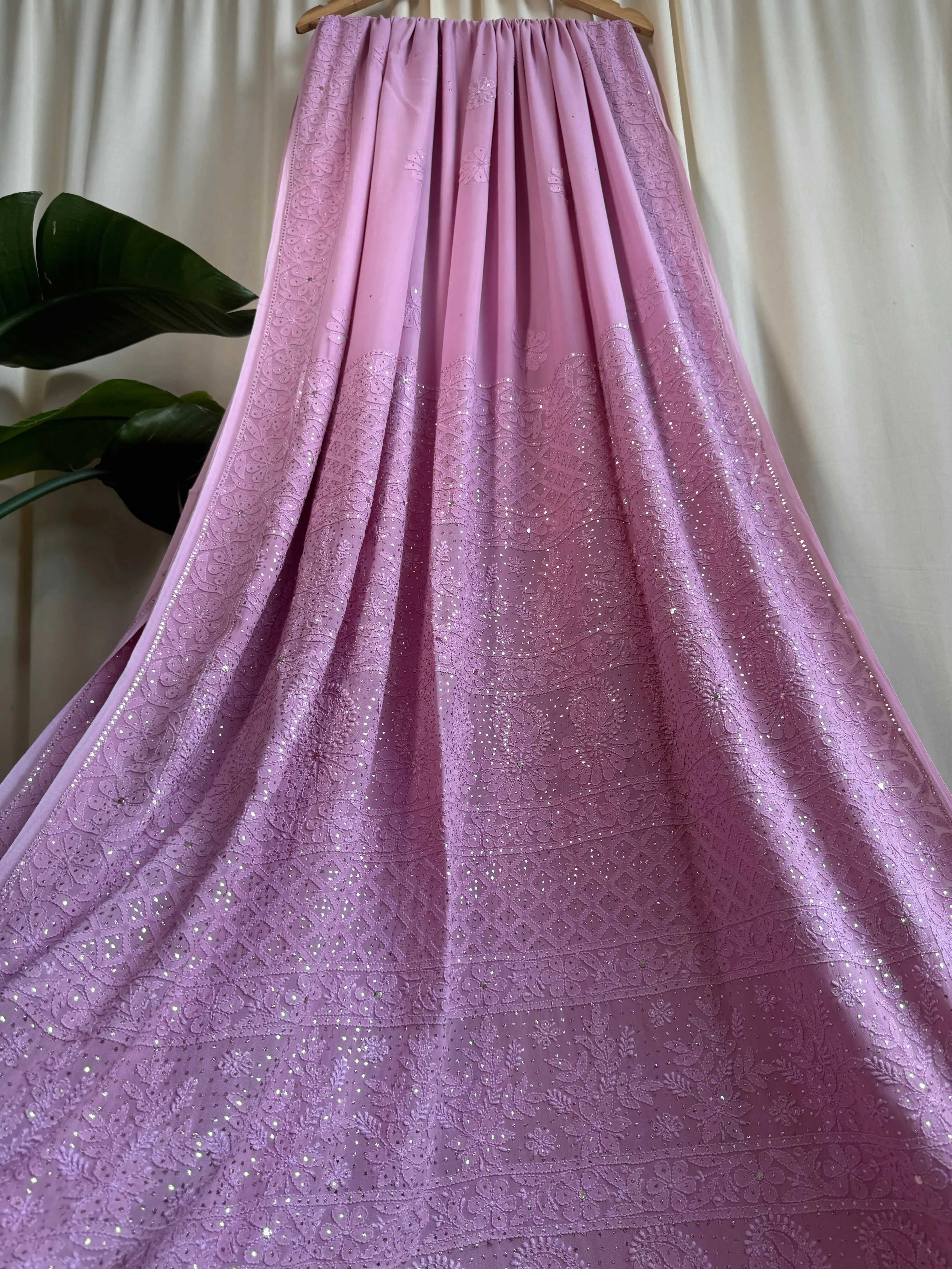 Viscose Lilac Chikankari saree with Mukaish Work