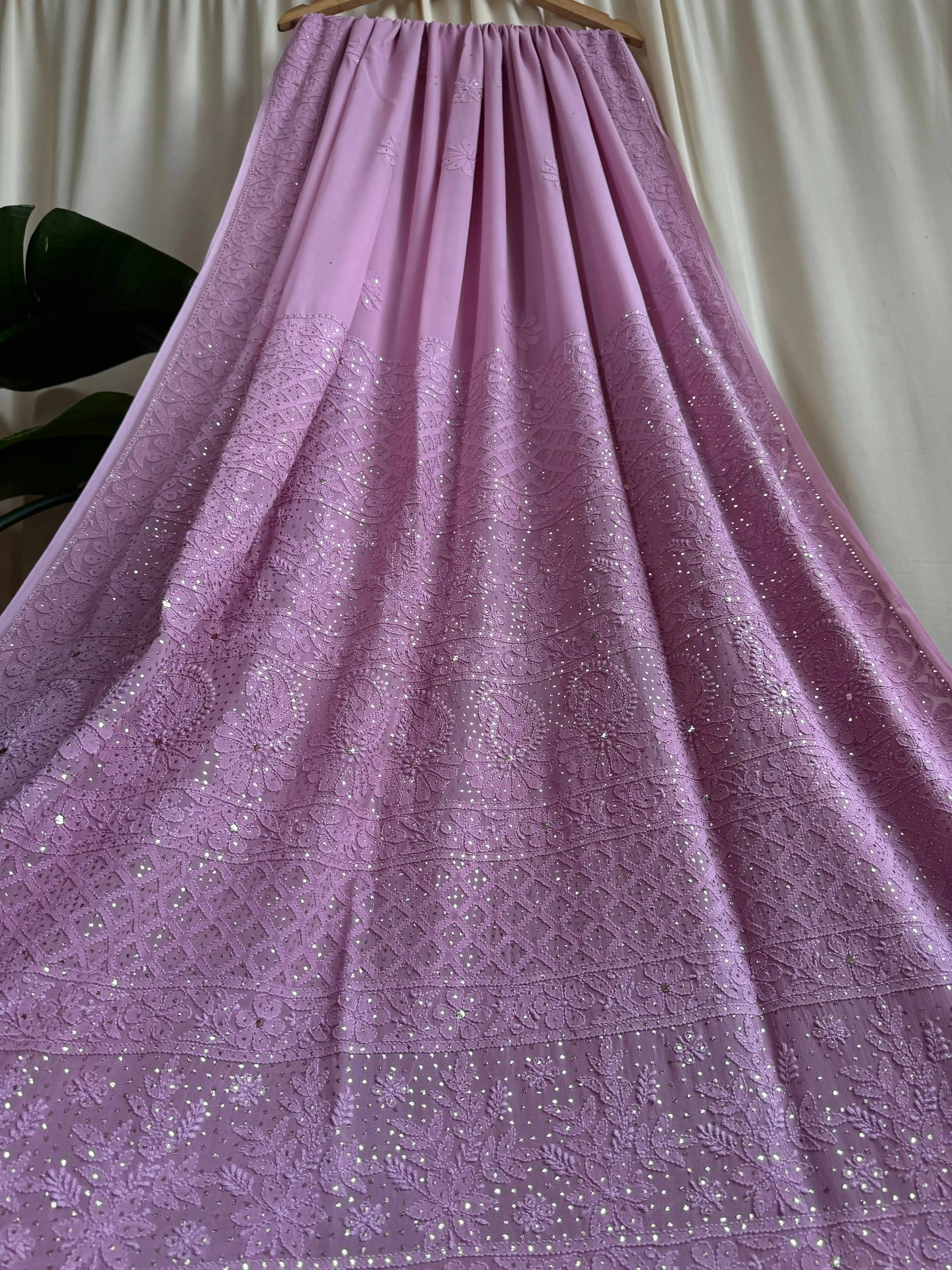 Viscose Lilac Chikankari saree with Mukaish Work