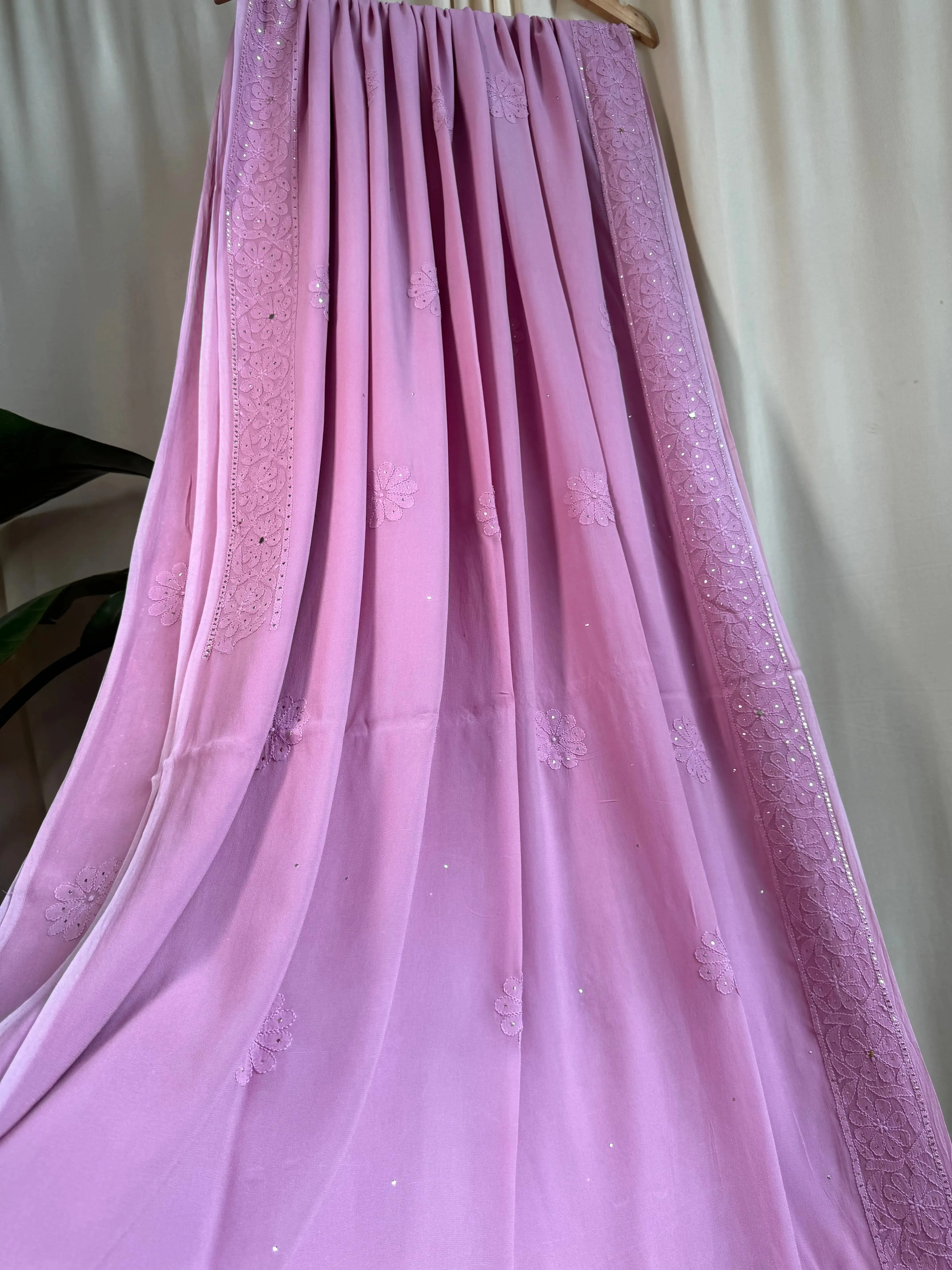Viscose Lilac Chikankari saree with Mukaish Work