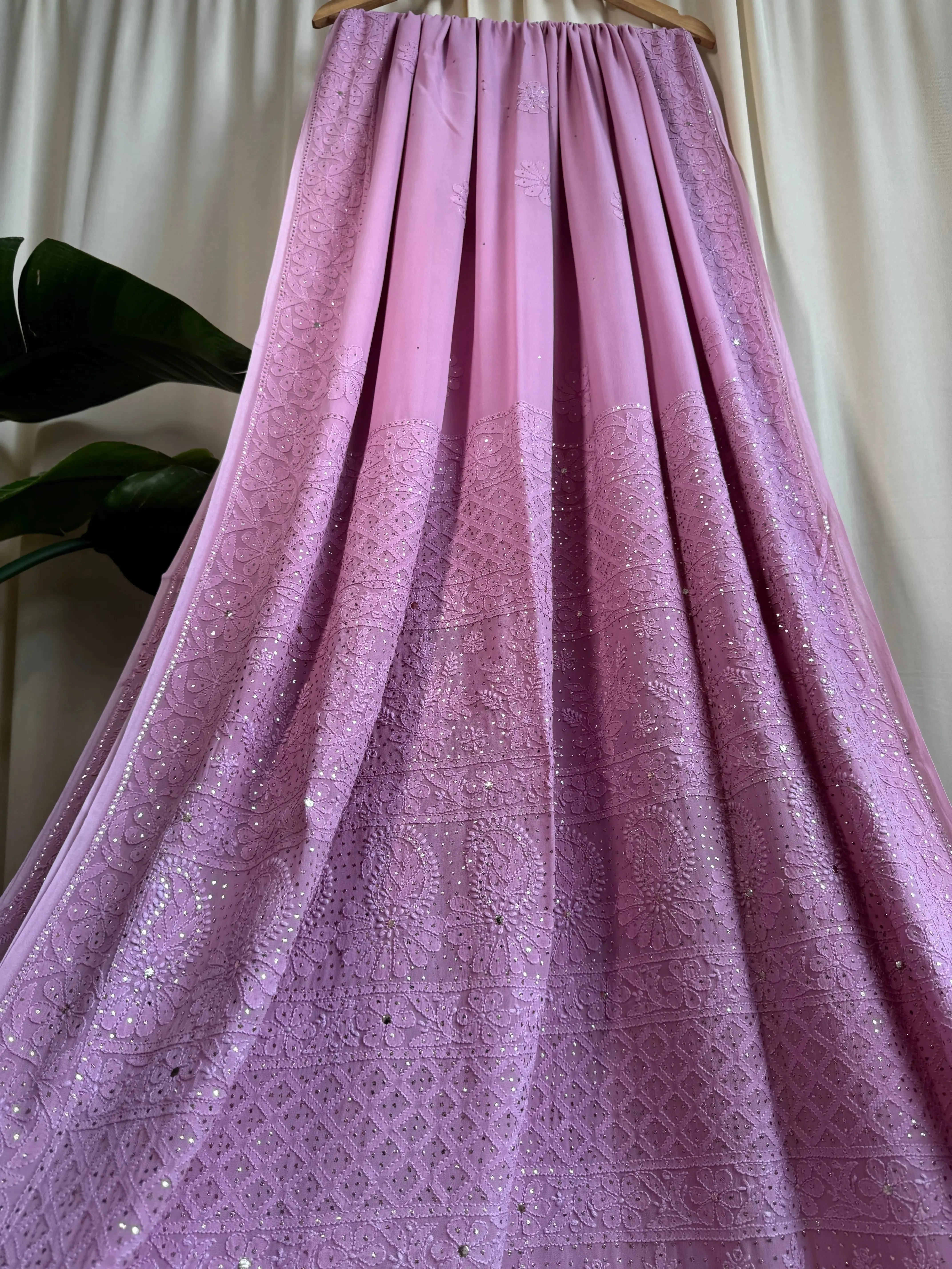 Viscose Lilac Chikankari saree with Mukaish Work