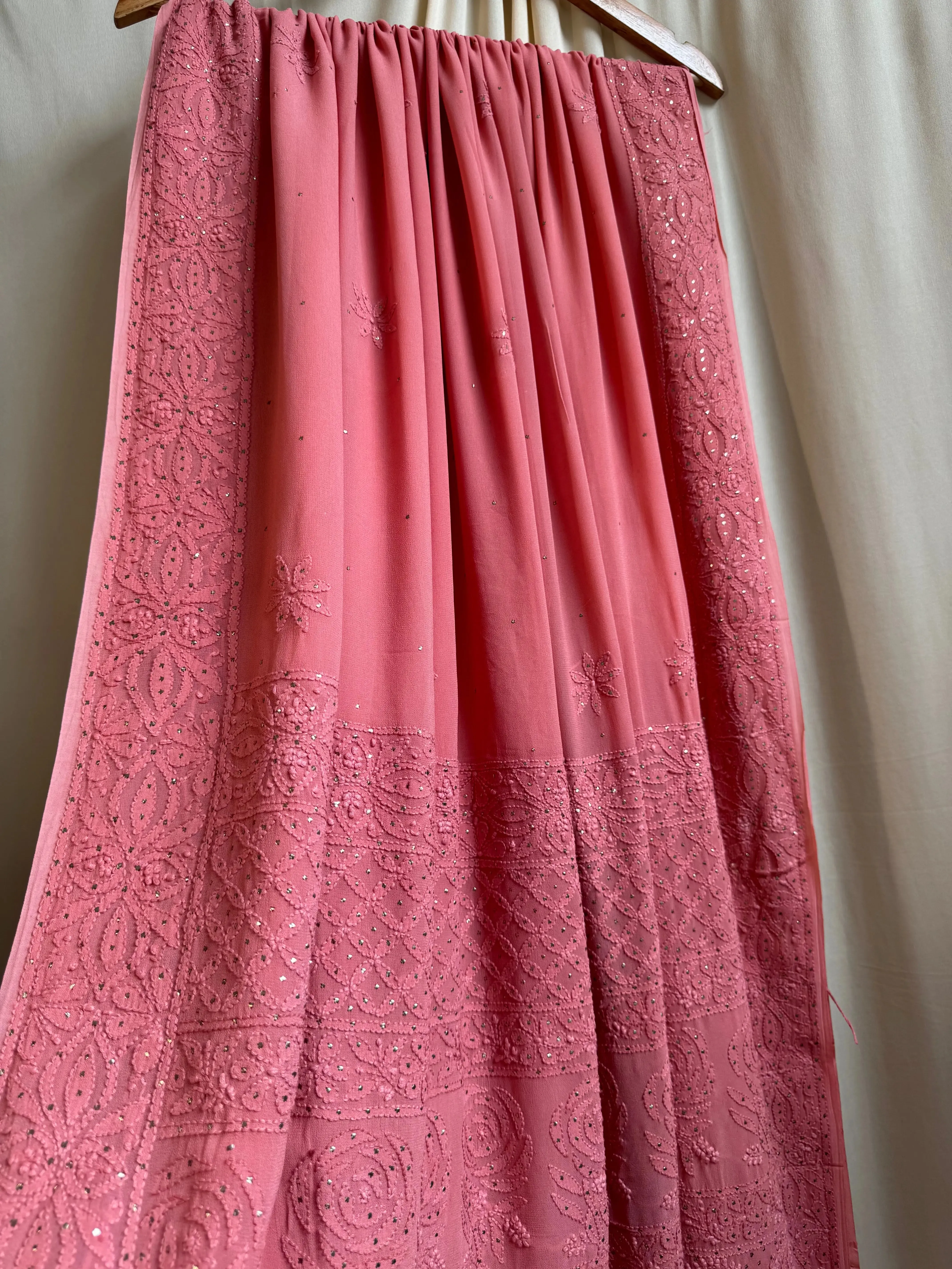 Viscose Rosewood Pink Chikankari saree with Mukaish Work