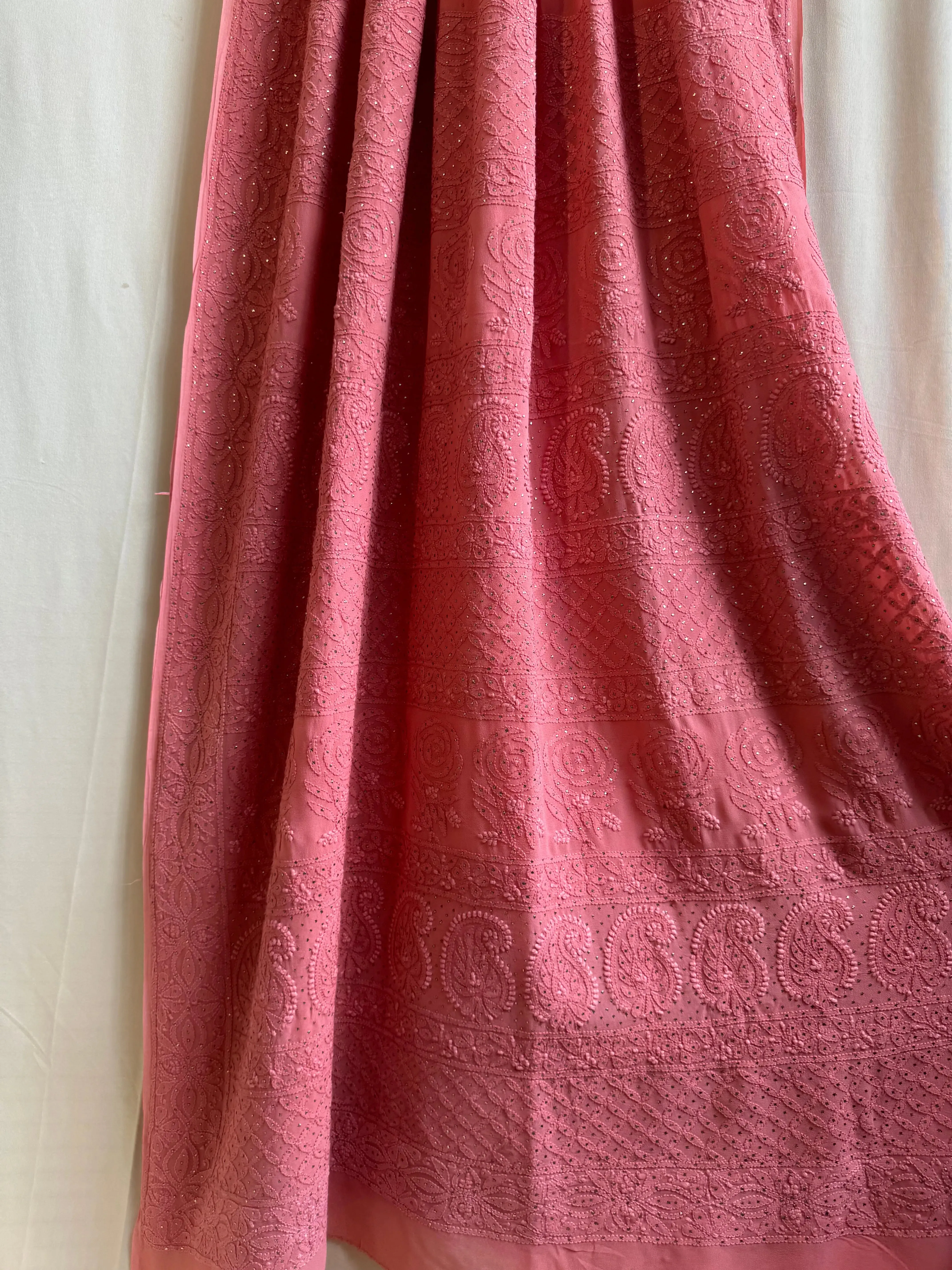 Viscose Rosewood Pink Chikankari saree with Mukaish Work