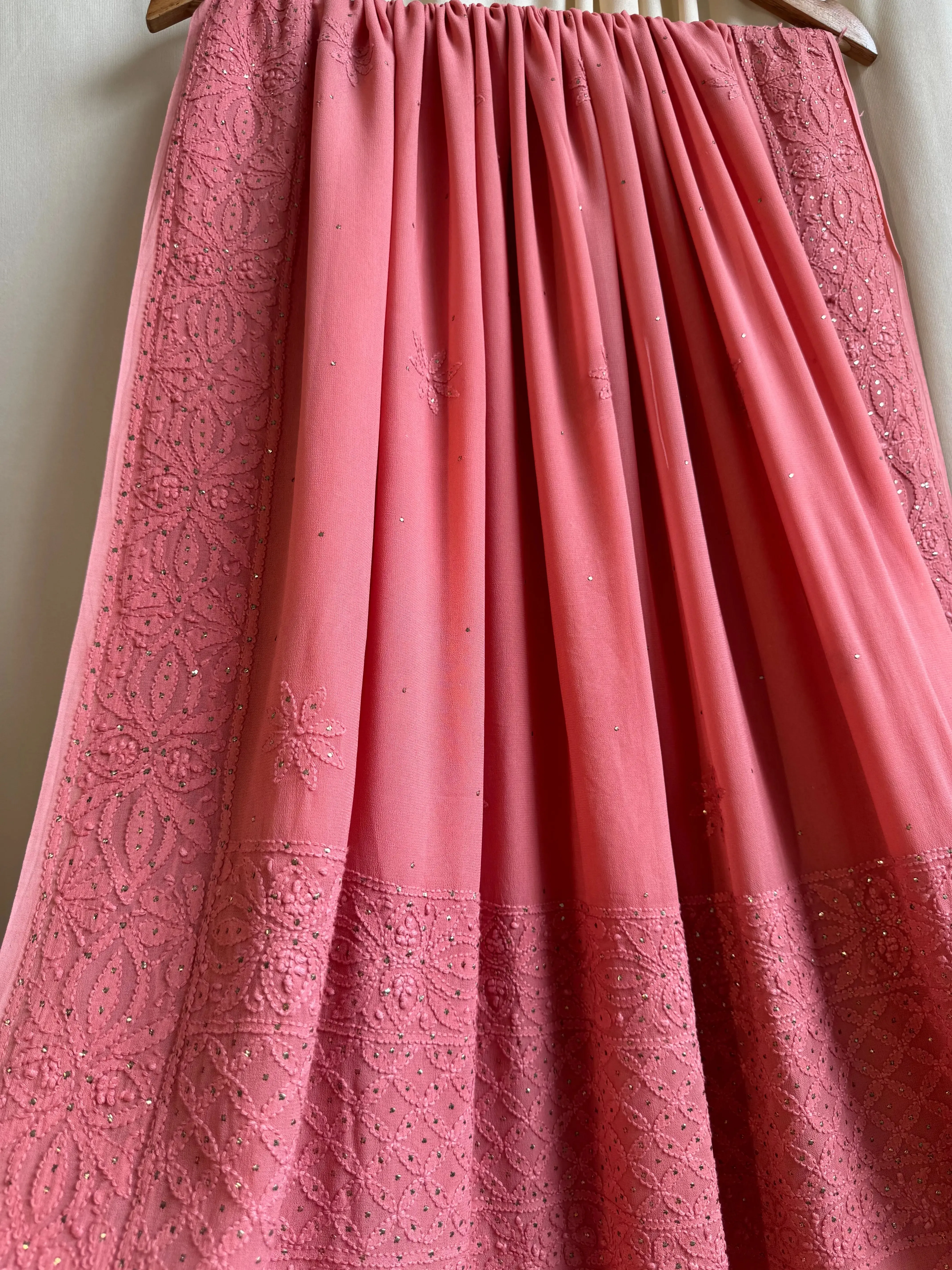 Viscose Rosewood Pink Chikankari saree with Mukaish Work