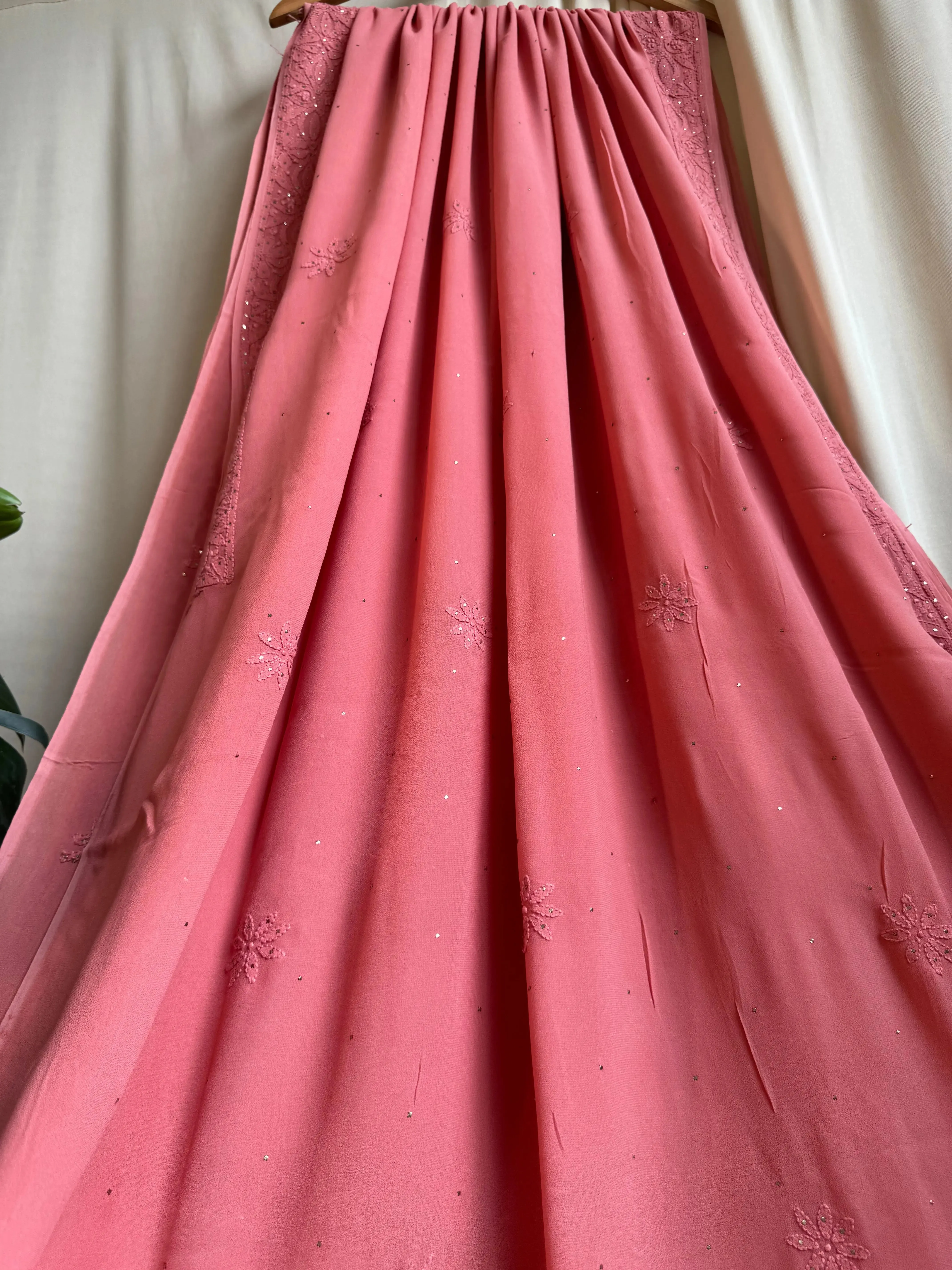 Viscose Rosewood Pink Chikankari saree with Mukaish Work