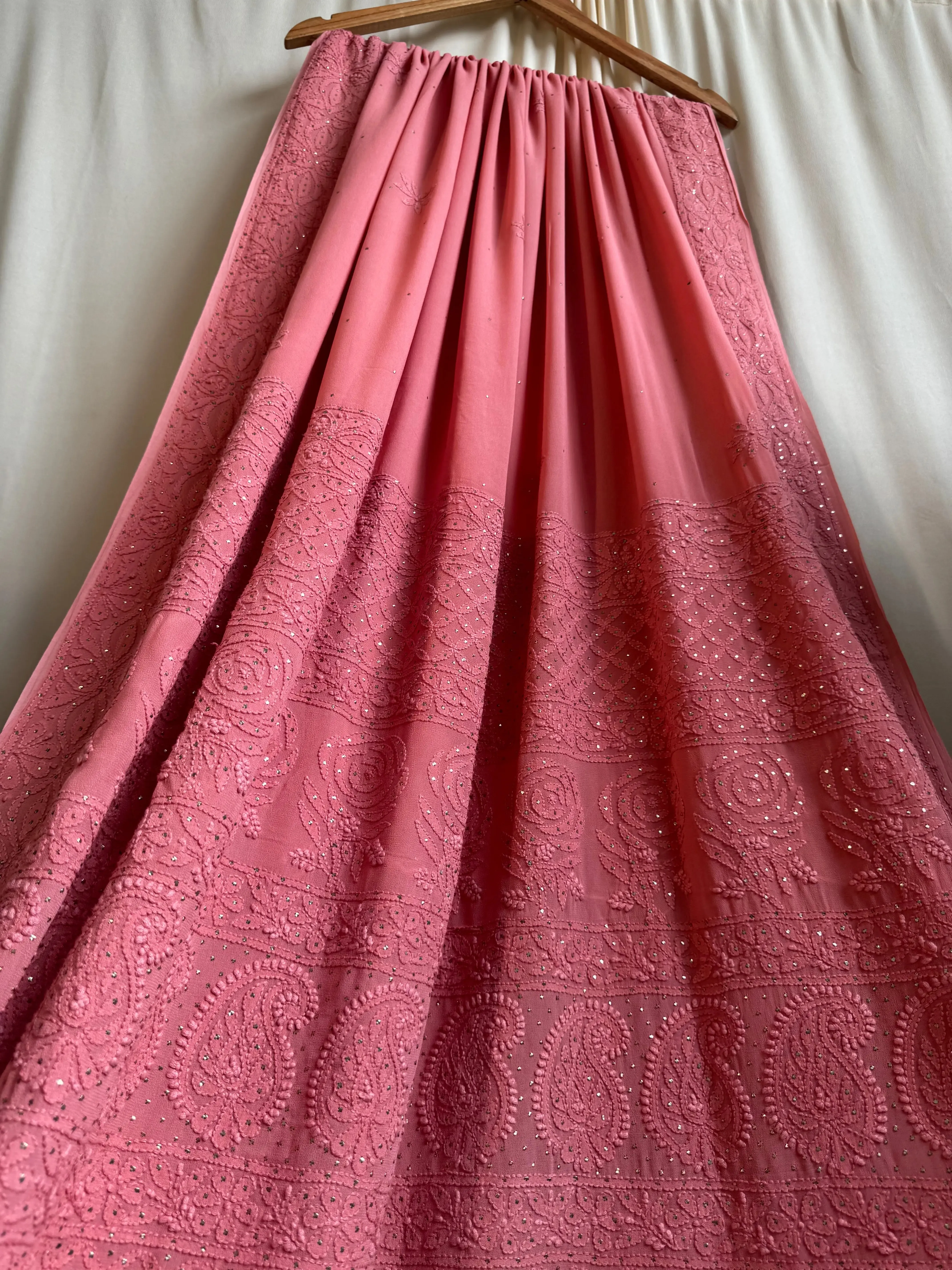 Viscose Rosewood Pink Chikankari saree with Mukaish Work