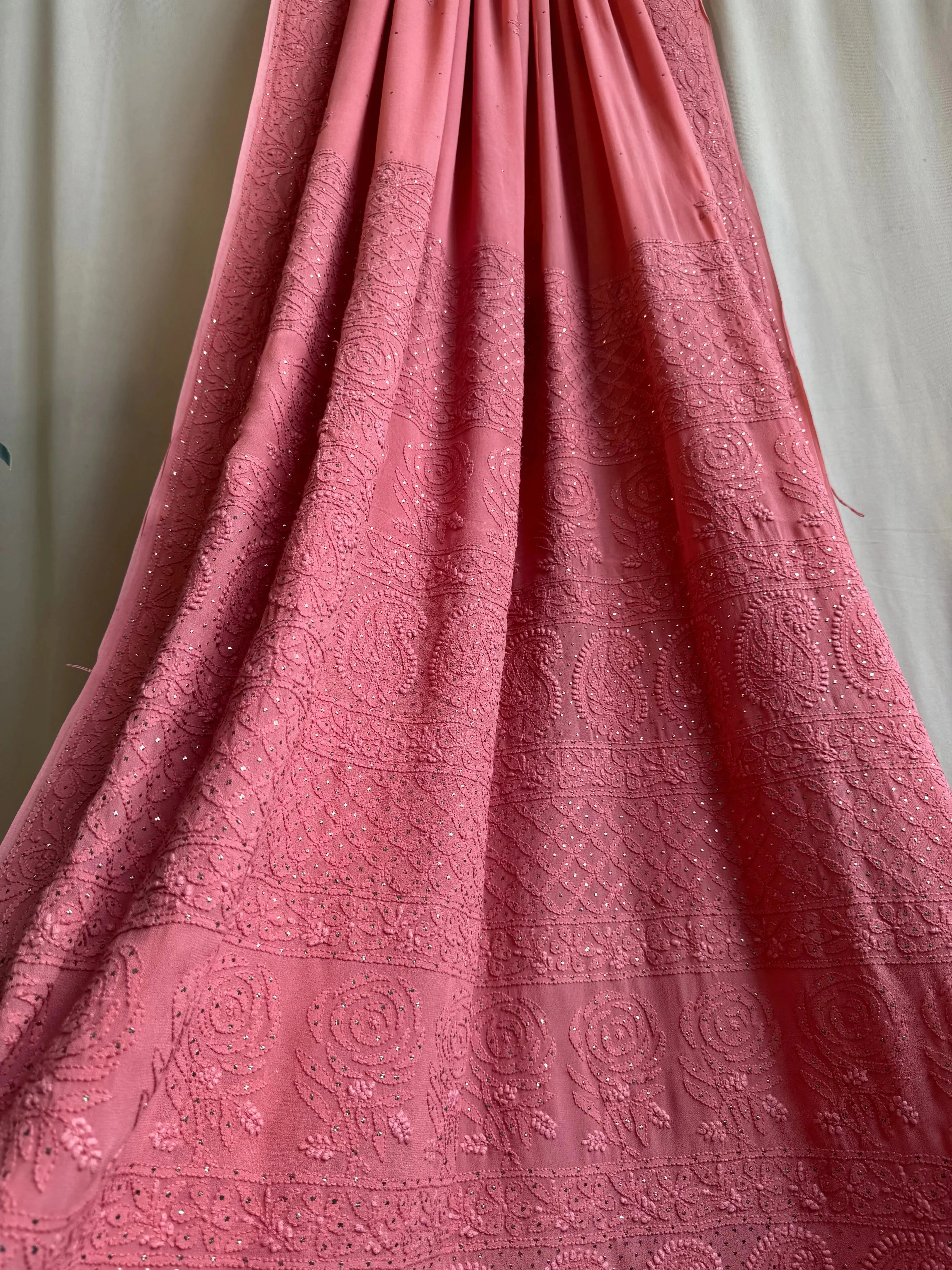 Viscose Rosewood Pink Chikankari saree with Mukaish Work