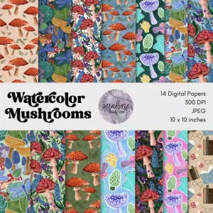 Watercolor Mushrooms Seamless Pattern Bundle | Cottagecore Digital Scrapbook Paper