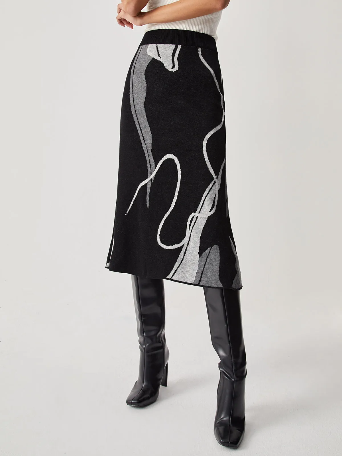 Watermarble Print Graceful Knit Midi Skirt