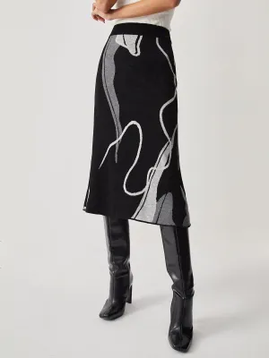 Watermarble Print Graceful Knit Midi Skirt