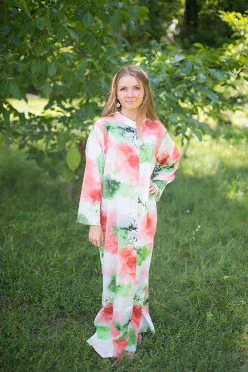 White Coral Charming Collars Style Caftan in Watercolor Splash Pattern
