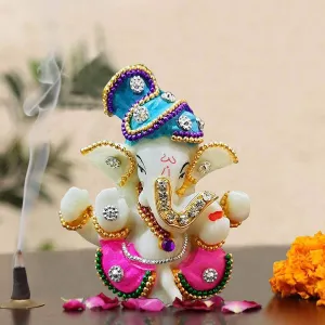 White Stone God Ganesha Statue for Car Dashboard and Home Decor, 3x2x3 Inches (Multicolour)