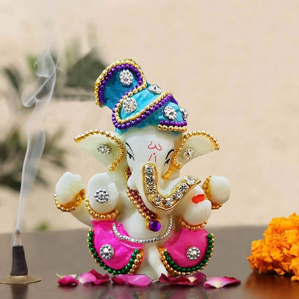 White Stone God Ganesha Statue for Car Dashboard and Home Decor, 3x2x3 Inches (Multicolour)