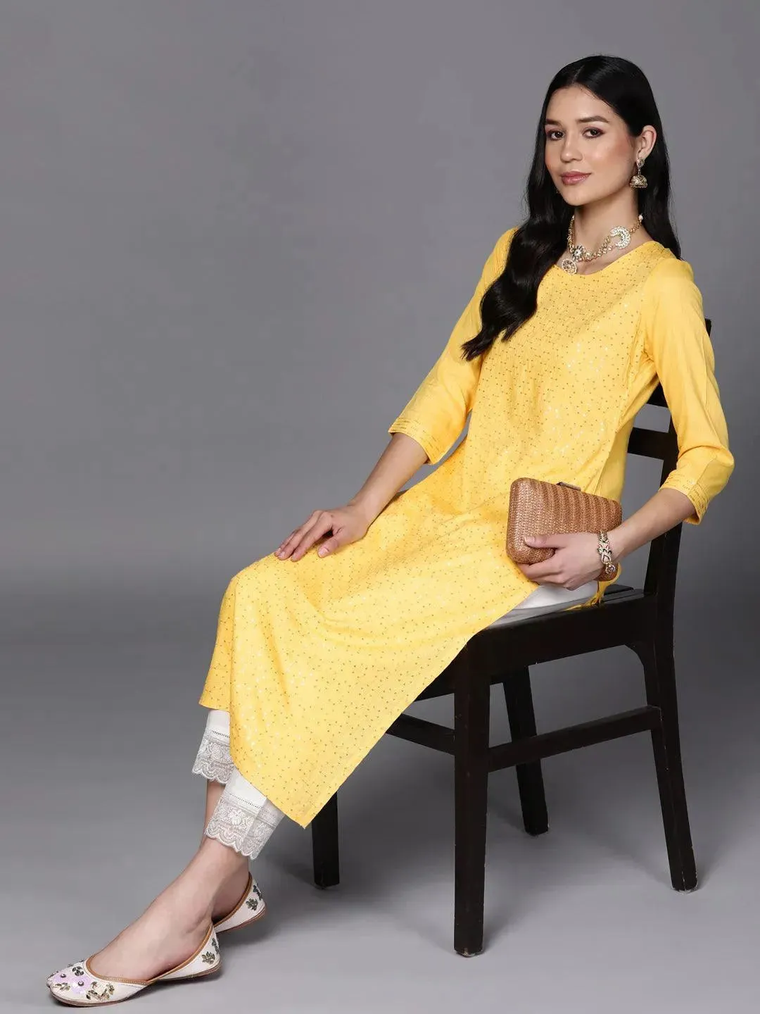 Yellow Embroidered Rayon Straight Kurta