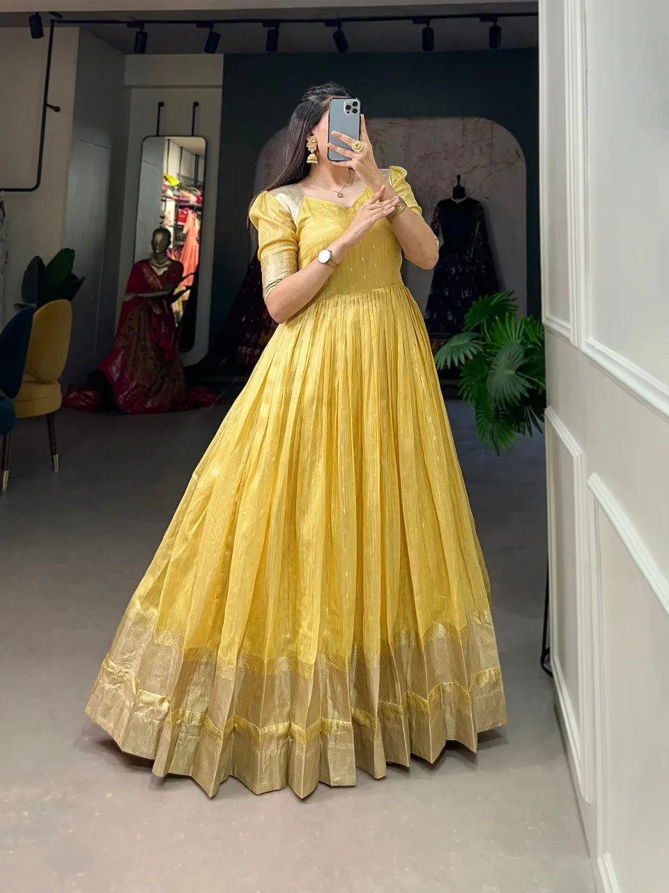 Yellow Handwoven Khadi Organza Gown with Exquisite Zari Detailing
