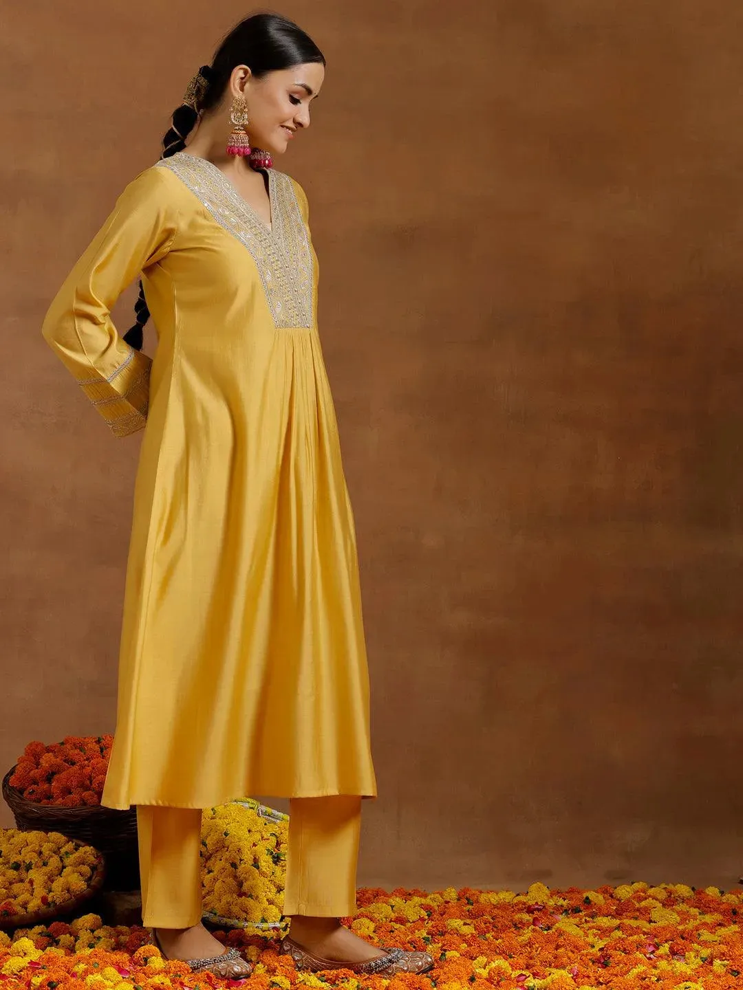 Yellow Yoke Design Silk Blend A-Line Kurta With Trousers