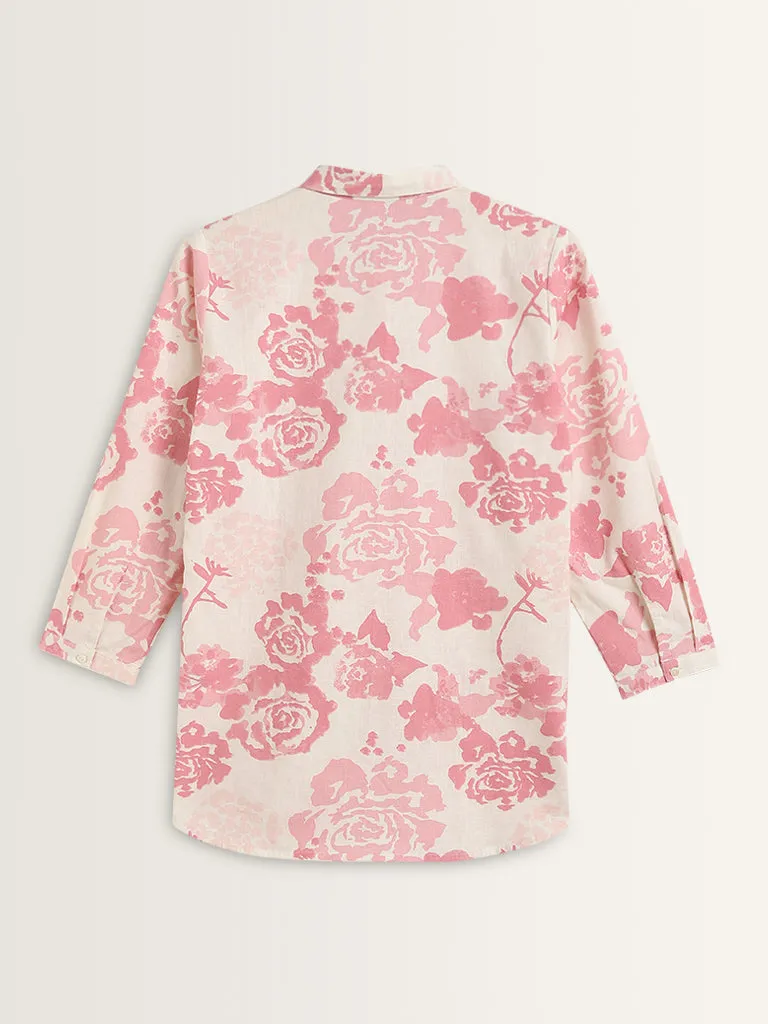 Zuba Pink Rose Pattern Straight Cotton Tunic